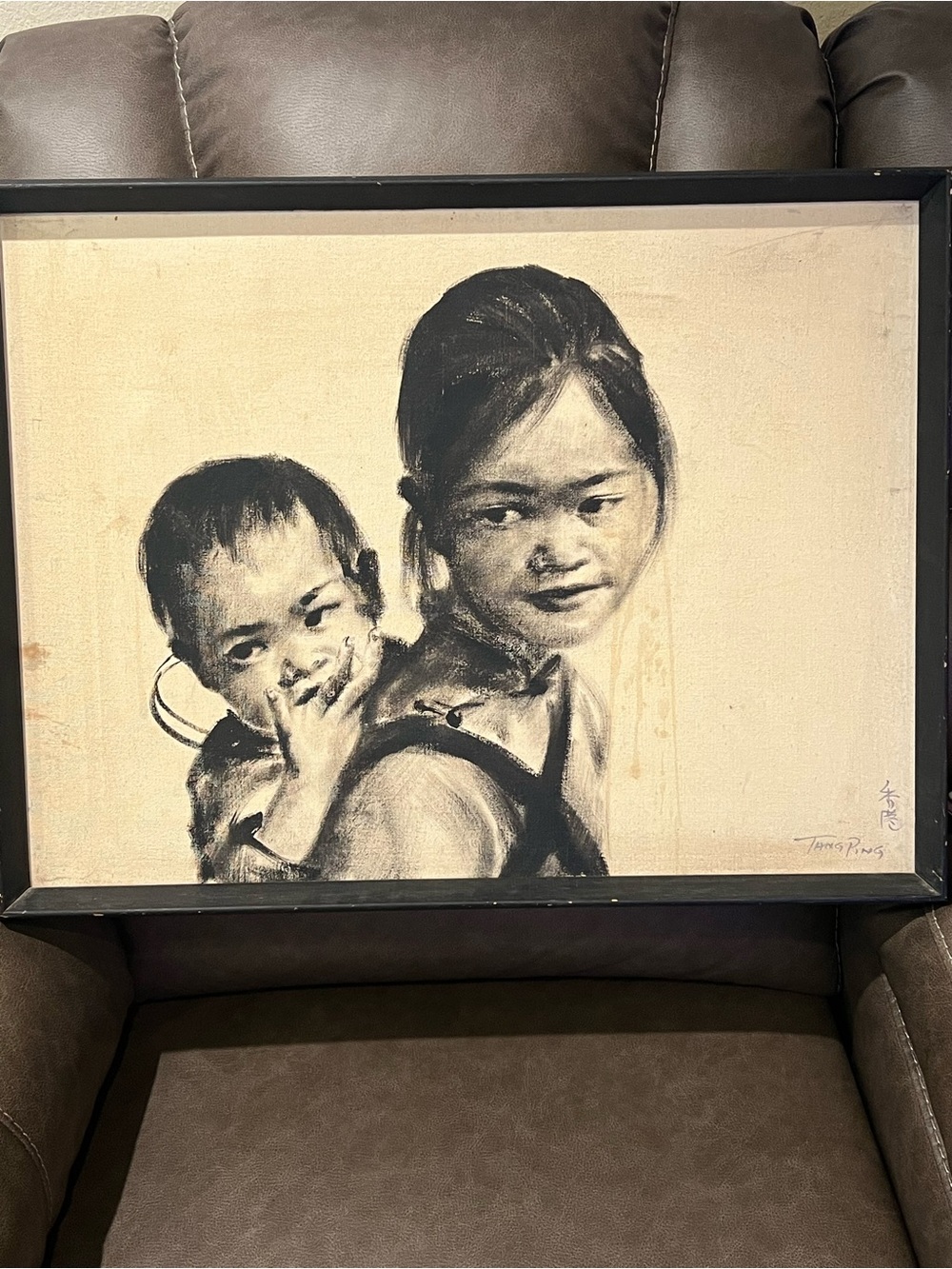 Vintage black and white painting on canvas artist is Tang Ping Chinese Culture
